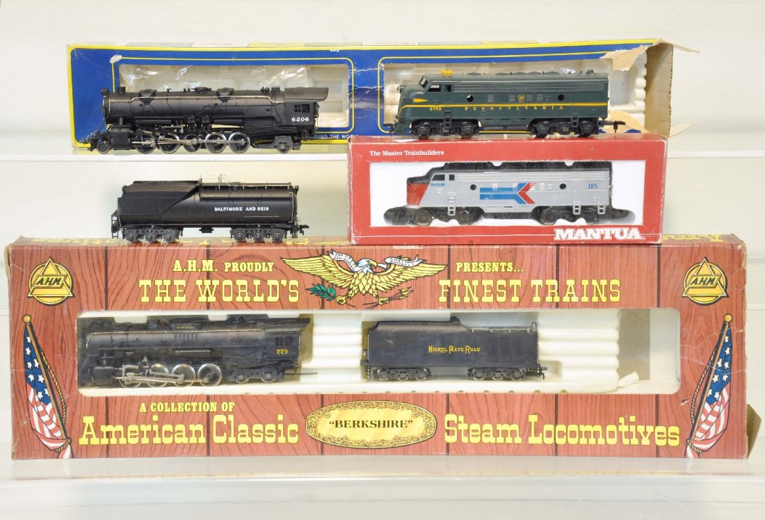 AHM & Mantua HO Locomotives: Includes a Mantua Amtrak F3 with box; Mantua PRR F3 with insert only; AHM B&O S1 2-10-2; AHM 2-8-4 NPR Berkshire. All appear unrun with worn boxes, C9