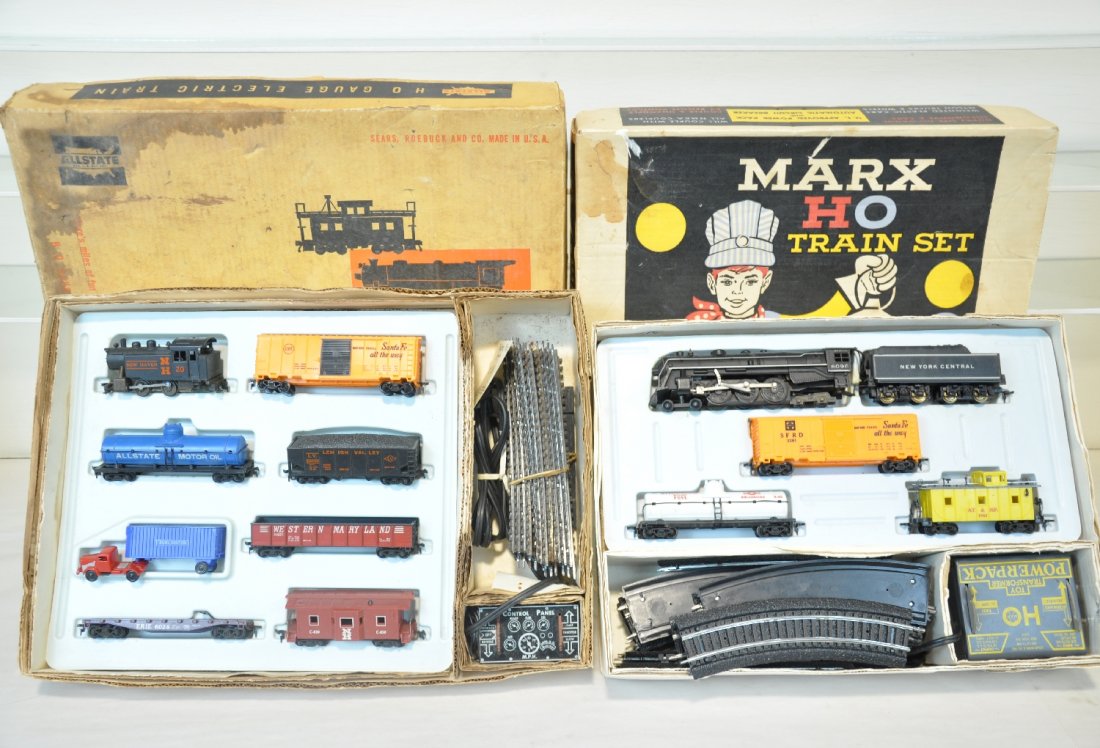 Boxed Marx HO Sets 9942 & 79542: Includes Sears Allstate 9942 with a NH tank loco; boxcar; hopper; flat with tractor trailer; gondola & NH bay window caboose, track & transformer C7 setbox with inserts, C7+; Set 79542 with a NYC Huds