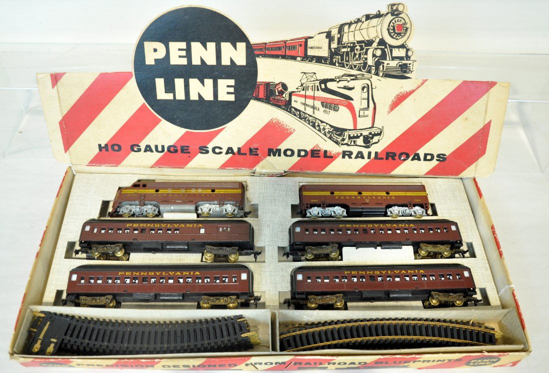 Nice Boxed Penn Line HO PRR Set 5961: Includes a PRR F7 AB diesels; combine and 3 Pullmans, all illuminated with inserts. They show light playwear with track & display inserts and setbox, C8