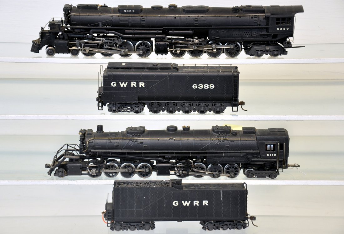 2 RivaRossi HO GWRR Articulated Locomotives: Includes a 4-8-8-4 Big Boy, loco cab 6389 with 14-wheel tender; 2-8-8-4 Yellowstone, Loco Cab 5112 with tender. They have shelf dust, but show light playwear, C7+-8