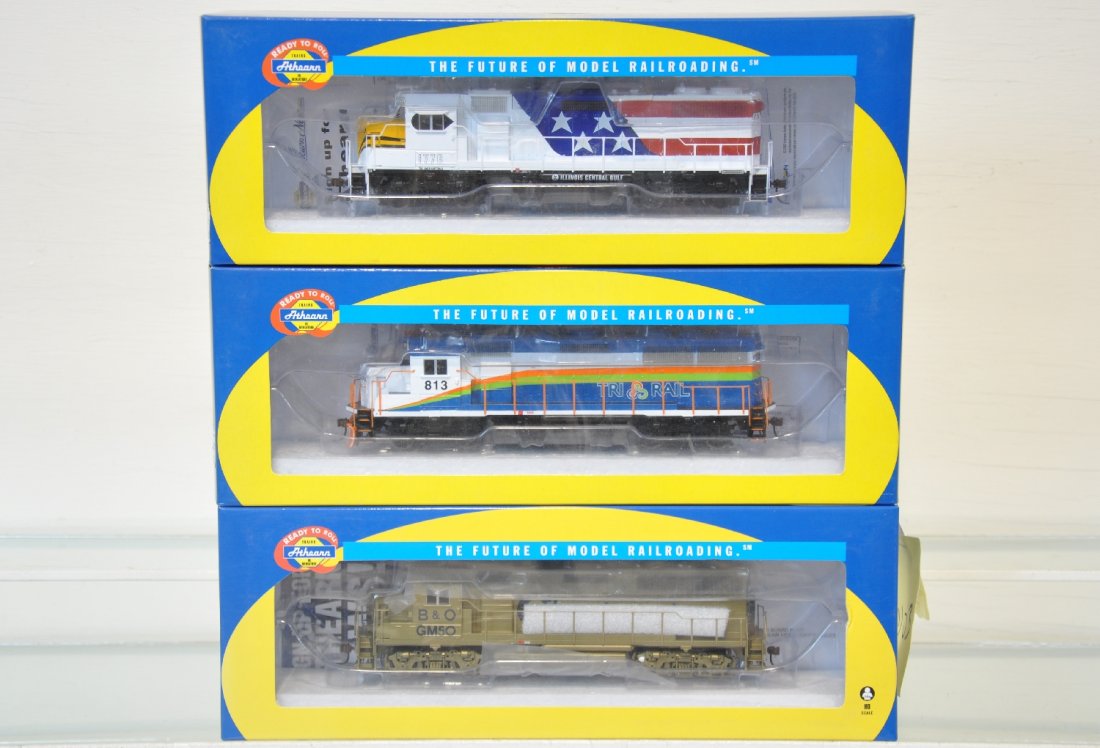 3 Boxed Athearn HO Diesels: Includes 77829 GP-50 phase I, cab 813; 86761 Chessie system B&O GP40-2, cab GM50; 78904 IC Gulf GP18-2 1776 Bicentennial. All appear new in boxes, C10
