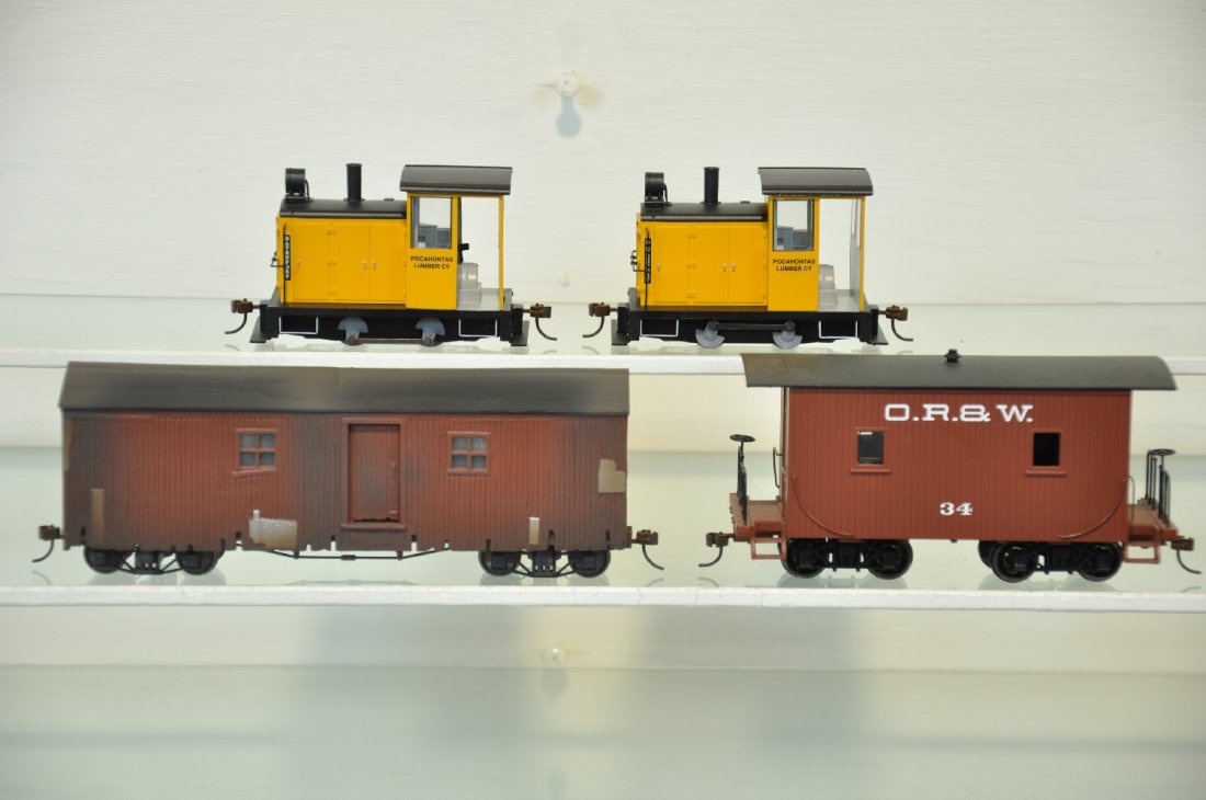 4Pc Bachmann Spectrum On3 Lot: Includes 2 #28160 Pocahontas Lumber 0-4-0 side rod gas mechanical locos with DCC; 26995 camp car; Ohio River Western caboose. All appear new in boxes, C10