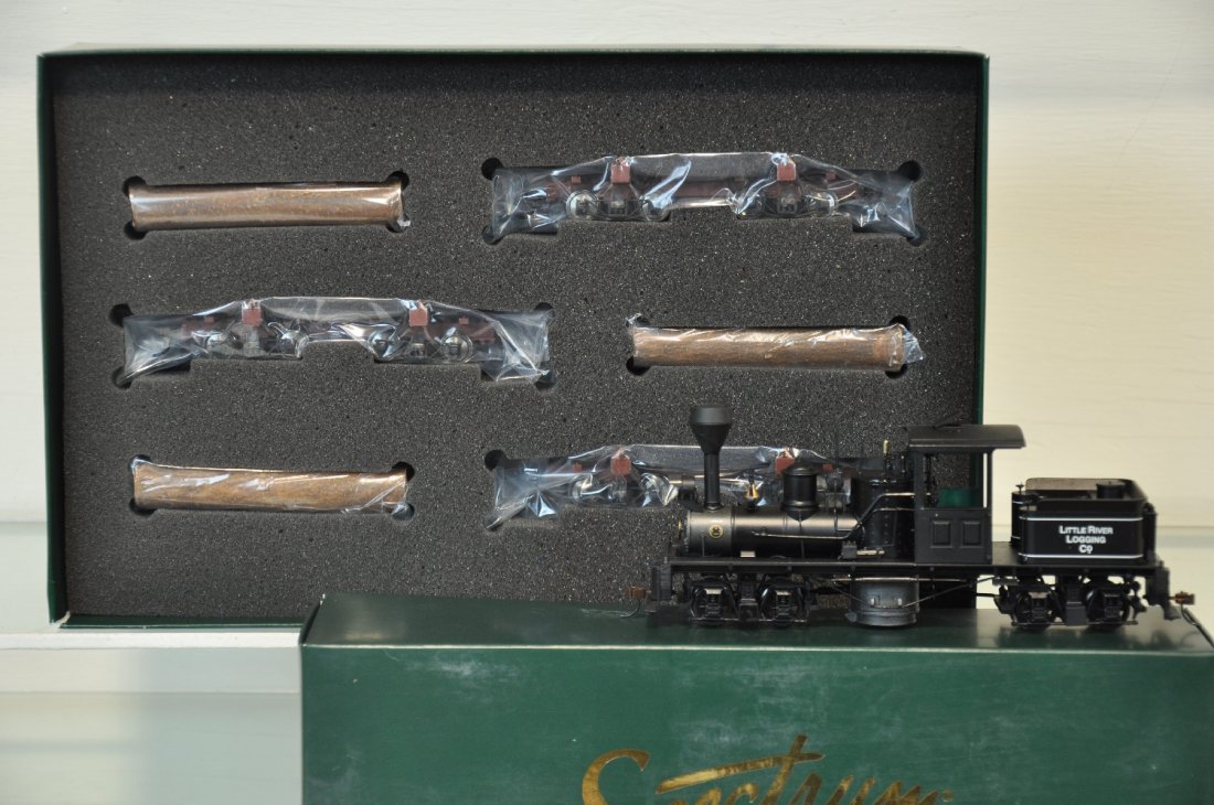 Bachmann Spectrum On3 Logging Train Set: Includes 25663 Little River Logging Co 2-truck shay; 27391 3-pack skeleton log cars. All appear new in boxes, C10