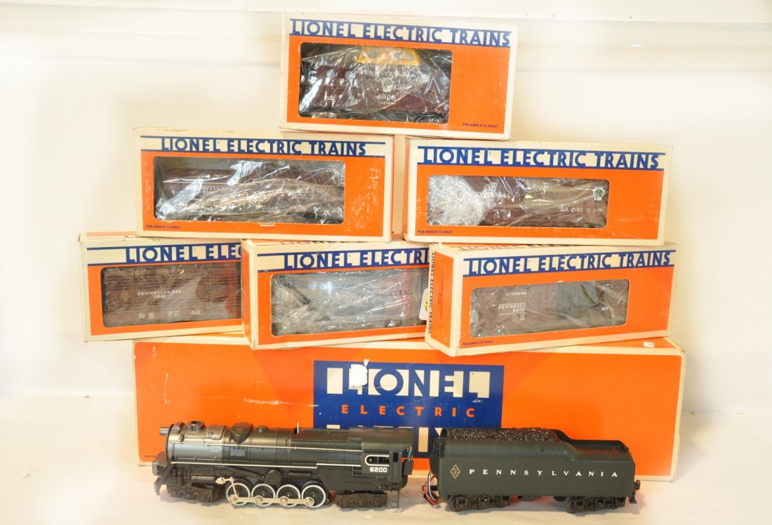 7Pc Lionel PRR Steam Freight Set: Includes an 8404 S2 turbine with electronic whistle & back-up light; 6123 Hopper; 6456 boxcar; 6307 tank car; 6476 boxcar; 19510 stock car; 6908 N5c caboose; All have been test run with boxes, C9
