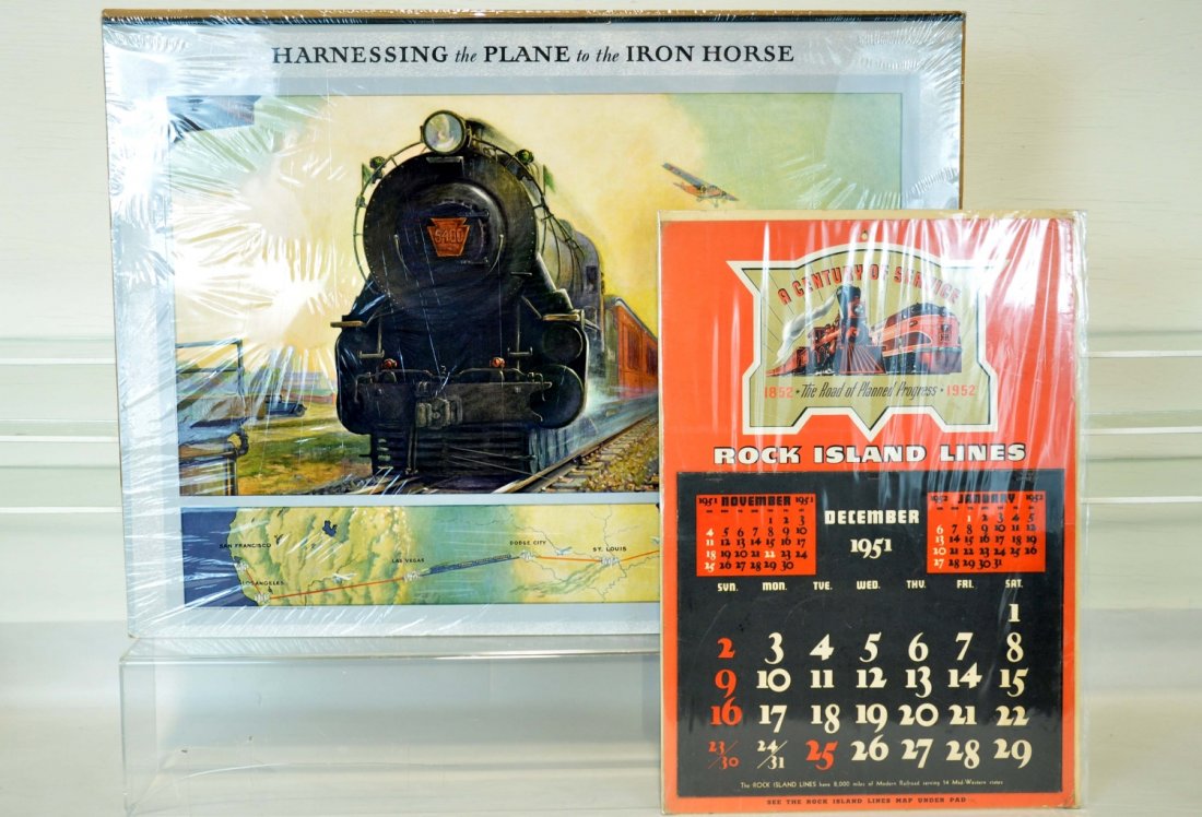 Rock Island & PRR Railroad Calendars: Nice 1951 Rock Island Lines calendar with calendar pages still attached, 14 1/4 X 20", clean; 29 X 21 1/2" 1929 PRR Calendar top, still with the metal top strip attached. Both are clean, showing light