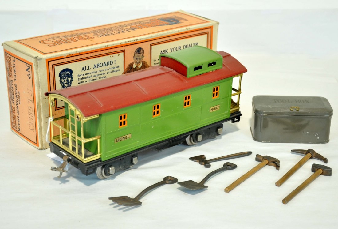 Lionel 208 & Boxed 517: Standard Gauge. Includes an early 208 tool box with 6 early, but incorrect tools; Lionel 517 caboose orange trim ob. Both show light to moderate playwear. C6-7