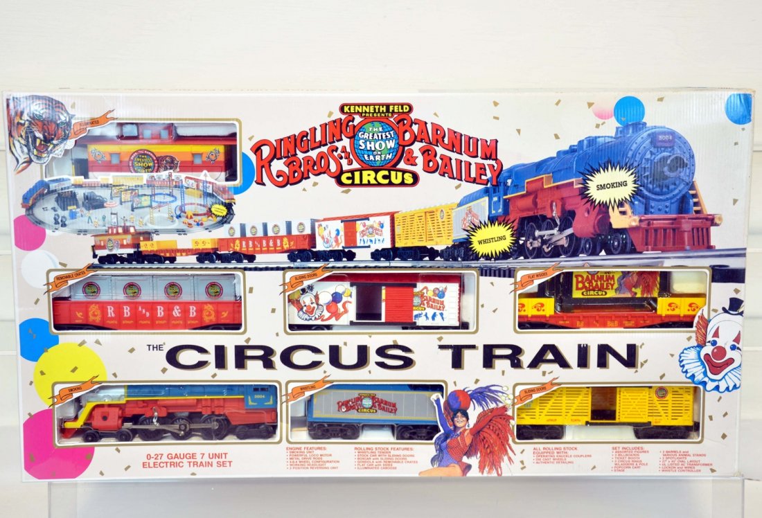K Line Ringling Brothers Train Set 1311: Includes a 4-6-4 steam loco & tender; flat car; stock car; canister car; boxcar & caboose. It comes with many circus accessories, track & transformer. It appears new in setbox, C10