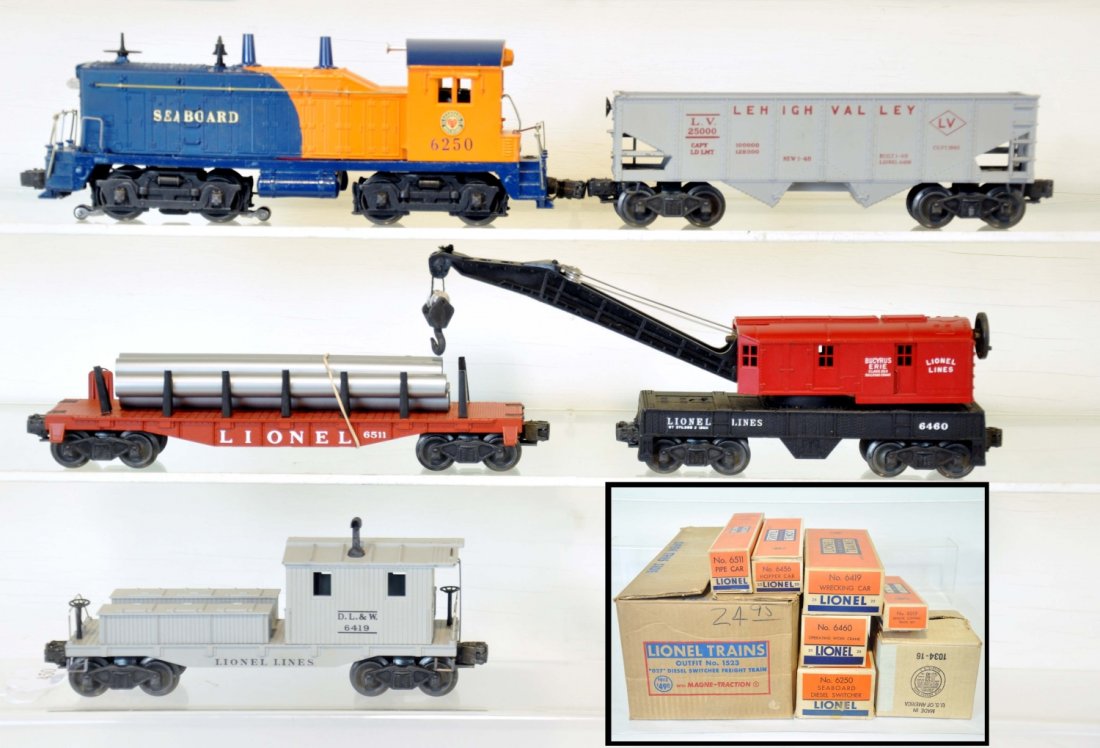 Super Boxed Lionel 6250 Set 1523: 1954 production. Includes a great 6250 Seaboard NW-2 diesel; 6456-25 gray hopper; scarce 6460 red painted cab crane; 6511 flat with pipes; 6419-25 work caboose. All have nice boxes with 6511 missing 1