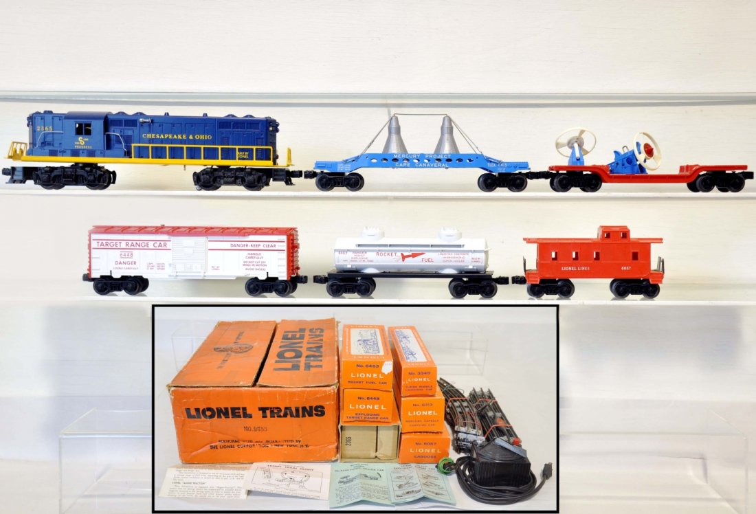 Boxed Lionel Uncataloged Set 9655: Includes a nice 2365 C&O GP7 diesel with instructions; 3309 turbo missile launcher; 6343 rocket fuel tank car, nice lettering; 6313 Mercury capsule carrying car, both capsules marked #2; 6057 caboose.