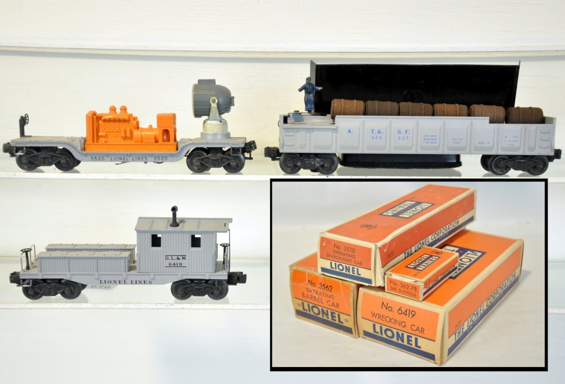 Boxed Lionel 3562-25, 3520 & 6419 Freights: Includes a 3562-25 barrel car with -78 box & bin; 3520 searchlight car, ob missing a flap; 6419 work caboose, nice ob & insert. All show light to moderate playwear with boxes, C7-7+