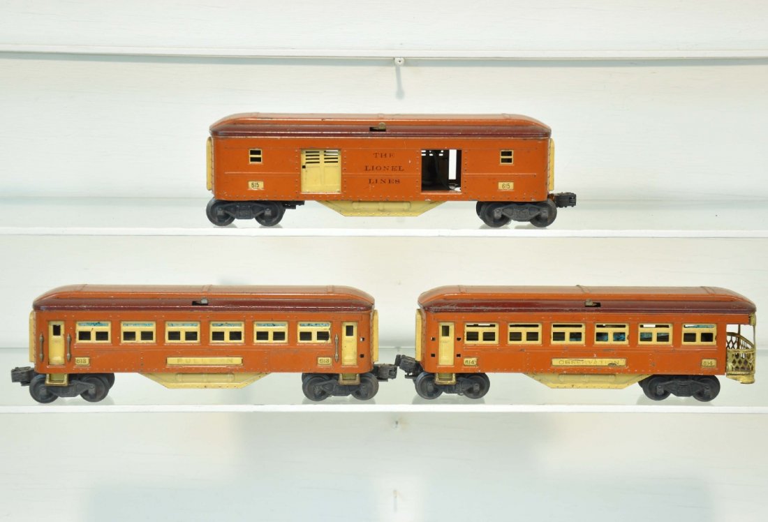 3 Lionel 614 Series Passenger Cars: Includes a 615 baggage; 613 Pullman; 614 observation. These have nice paint and lettering, but have been converted to postwar trucks & removed the latch coupler support. Paint is dirty C6-6+