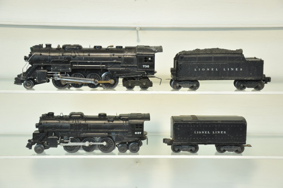 Lionel Steam Locos & Tenders: Includes a 736 Berkshire loco, C5; 637 loco, C7+; 6466W whistling tender, C6; 6654W tender, C5+