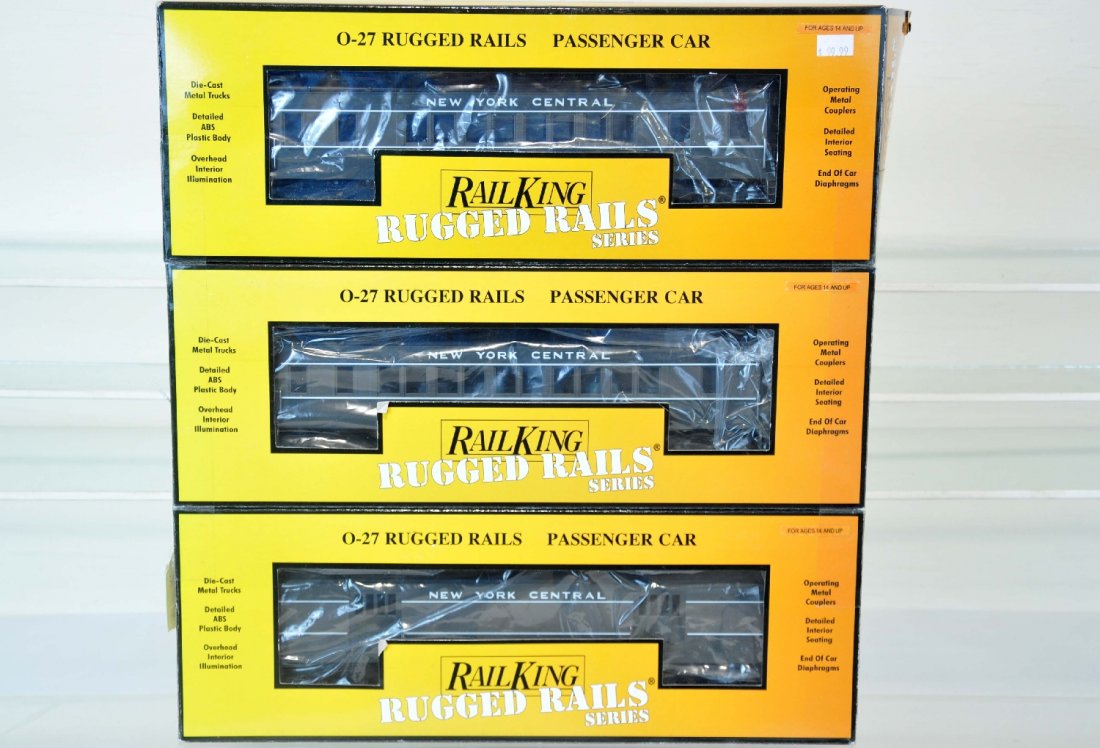 3 MTH RailKing NYC Passenger Cars: Includes a 3-pack of streamline cars including a baggage coach & observation, all new in boxes, C10