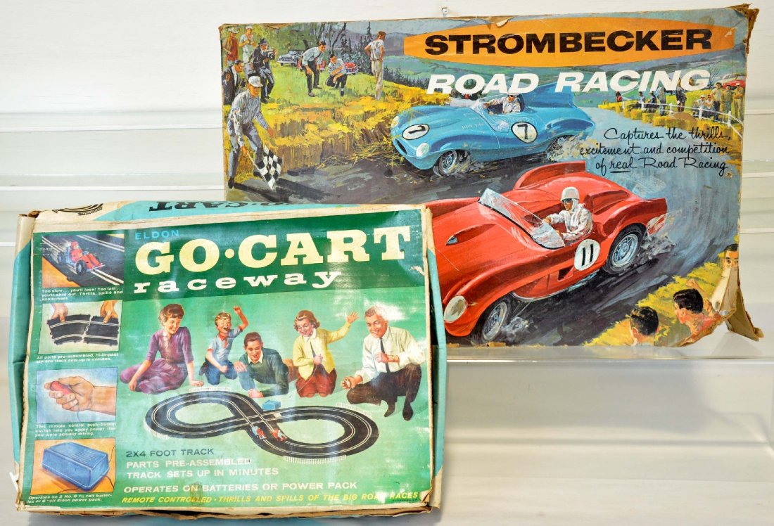 Boxed Eldon & Strombecker 1/32 Slot Car Sets: Includes Strombecker 9950 figure-8 set with 2 Ferrari races; Eldon 9507/1100 go-kart set with 2 karts. All appear 90% complete and show moderate playwear with set boxes, C5-6