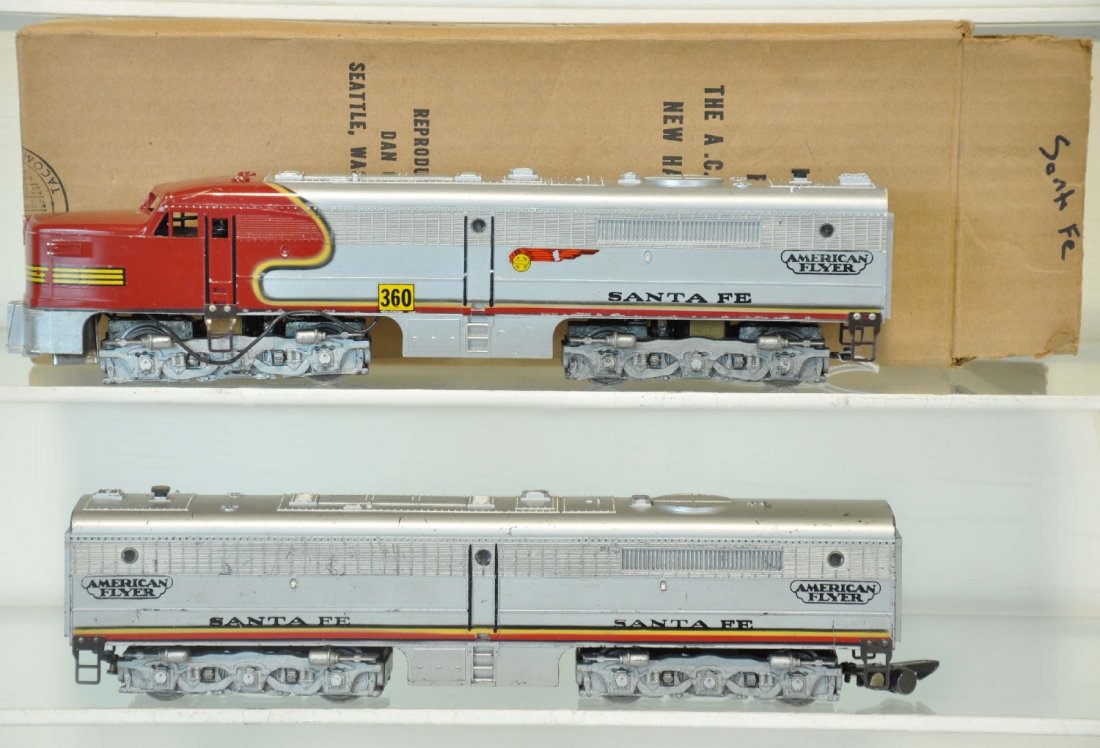 American Flyer 360 & 364 SF PA Alco AB Diesels: S Gauge. Clean powered A unit, missing frame screws and 1 side frame; matching B-unit. Both otherwise show moderate playwear with 1 repro box, C6