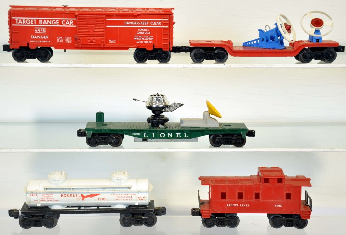 5 Lionel Space Cars: Includes 6448 target car, all red parts, replaced pin; 3309 turbo missile car; 3519 satellite launcher, repro satellite; 6343 rocket fuel tank; 6057 caboose. All show light to moderate playwear, C7