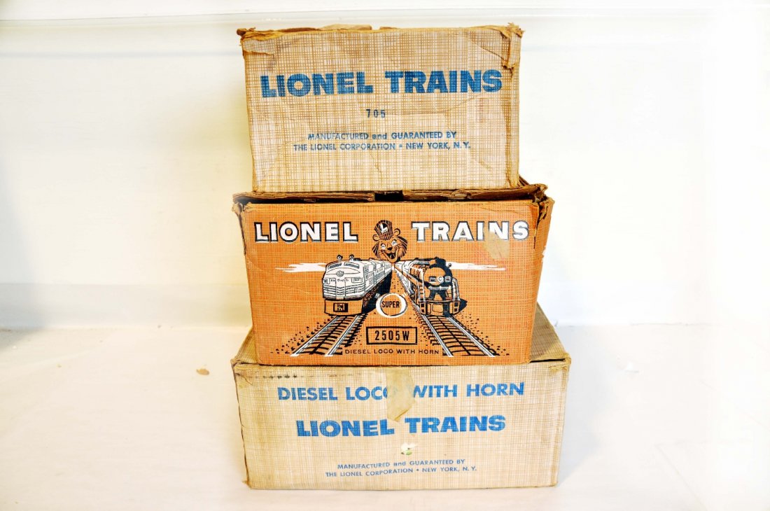 3 Empty Lionel Set Boxes: Scarce 2505W (2329 freight set), 1957; 9643 (Sears 2339 freight set), 1957; 705 (629 pass set), 1956. All are C5-6