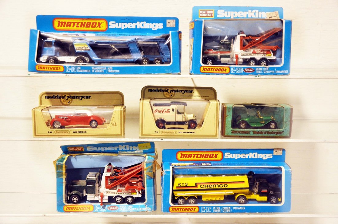 7 Boxed Matchbox Vehicles: Includes K20 wrecker; Y18 cord; Y12 Ford van; K16 tanker; K20 wrecker, box missing cellophane; Y6 Cadillac; K10 auto-loader. All look clean and like new with boxes, some shop worn, C9