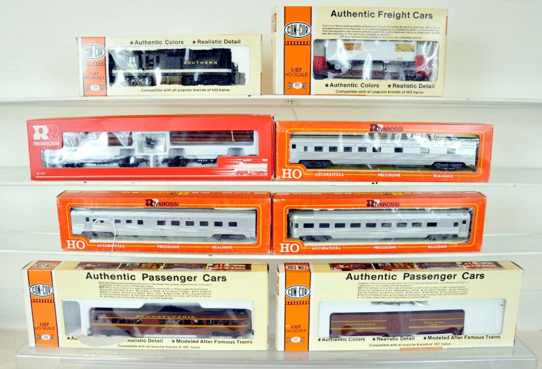 Con-Cor & RivaRossi HO Lot: Includes 3 RivaRossi Southern streamline passenger cars; cast 2-pc log car set; 2 Con-Cor PRR passenger car kits; Con-Cor southern FM, no handrails; Con-Cor WP trailer flat. Otherwise all appear like 