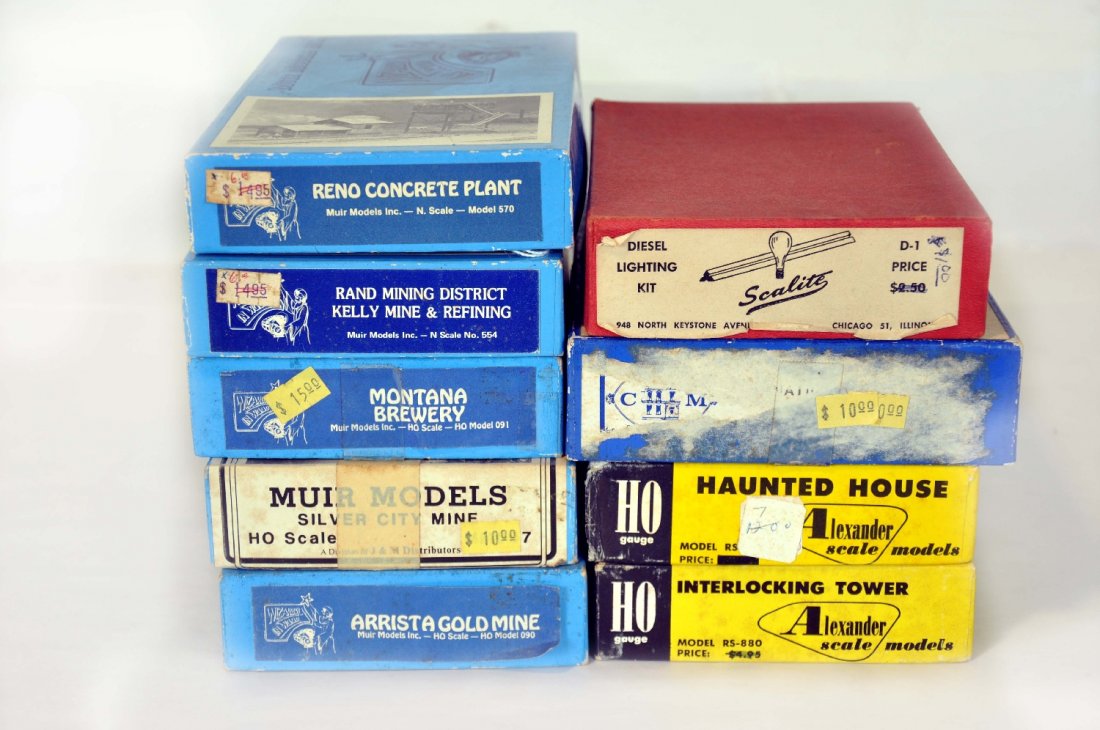 9 Early HO Kits, Plus: Includes Muir models- Reno concrete plant, Kelly Mine & Refining; Montana Brewery; Arrista Gold mine, Silver City mine; Alexander Haunted House and interlocking tower kits; Classic miniatures National