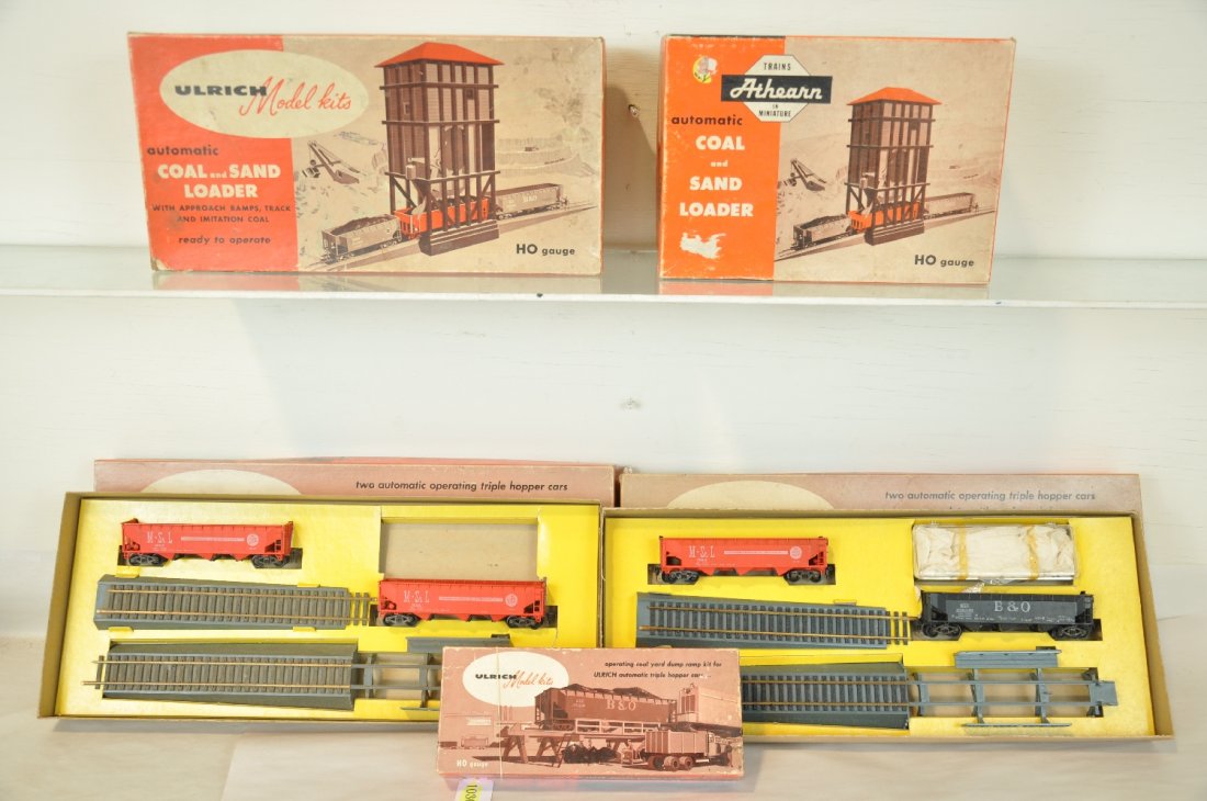 Unusual Ulrich HO Coaling Accessories: Includes 2 CY2 coal ramp sets, 1 is new in box, the other shows light use(dusty), missing coal; CTU 1495 Automatic sand & coal tower, brown; 3154-2 built-up sand & coal tower, gray, both are like new;