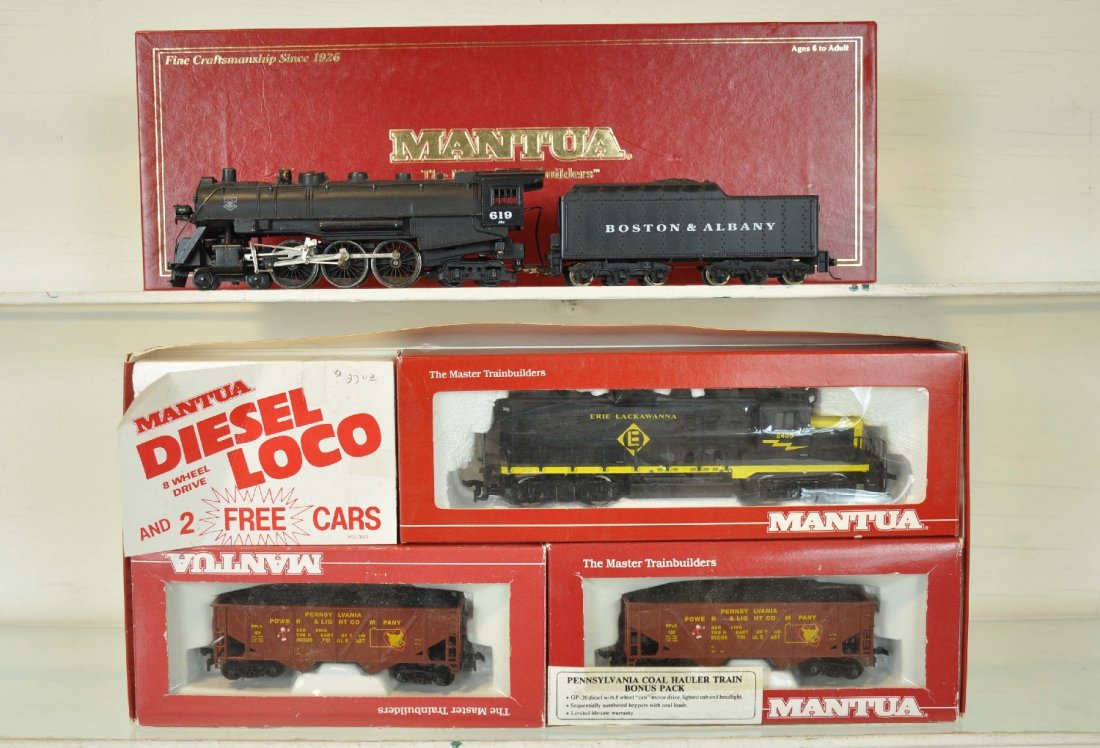 2 Boxed Mantua HO Trains: Includes a B&A Heavy Hudson with light, smoke, back-up light & more; 627-030 PRR Coal hauler train bonus Pack with an Erie GP20 diesel and 2 hoppers. All are new in boxes, C10