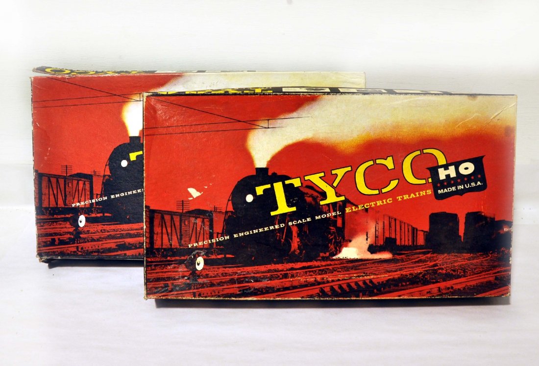 2 Scarce Tyco/ Mantua Grocery Sets: Includes The Stewarts Grocery Products set 2 #1963 with PRR F9 diesel pipe car, Stewarts reefer & caboose, track with partial inserts & setbox; Set 6 #1963 Montco Fine Foods with PRR F9 diesel; pipe c