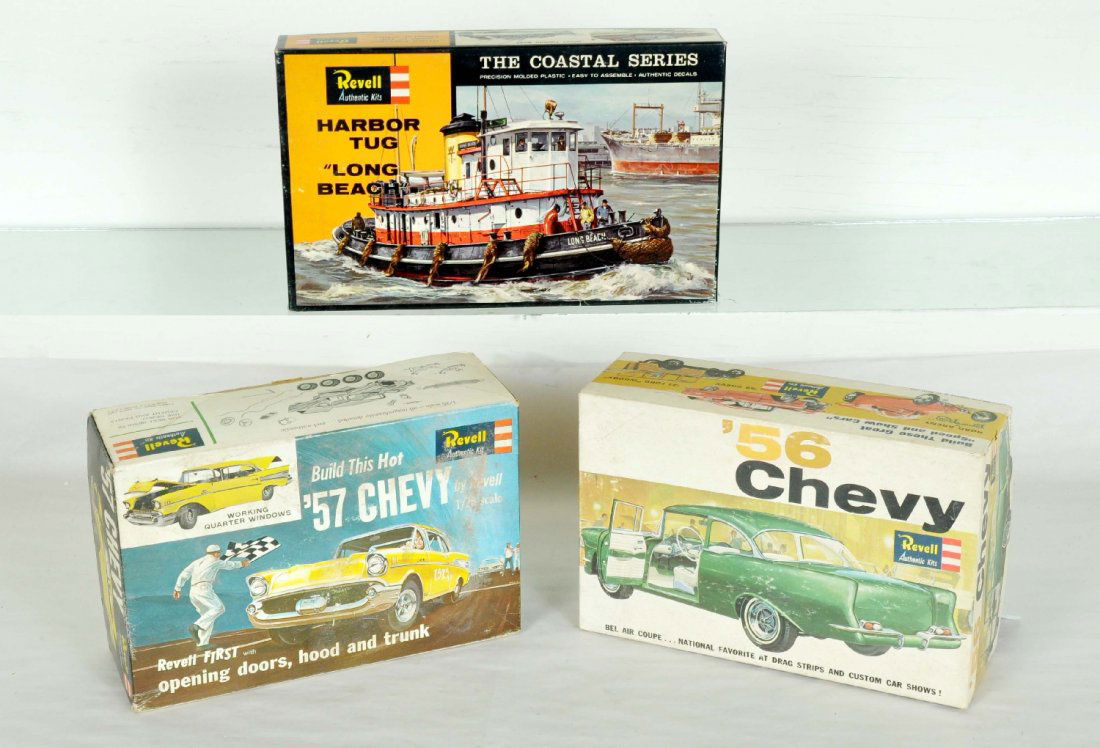 3 Early Revell Model Kits: Includes 1964 H-1273:20 1/25 1956 Chevy; 1968 H-1284-200 1/25 1957 Chevy; 1964 H-314: 100 Long Beach Harbor Tug boat. All are unbuilt with parts on sprus with instructions. Boxes show light wear. Comp