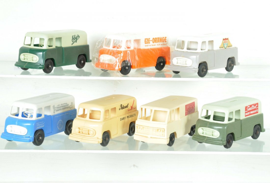 7 -1950s Promotional Truck Banks: Each is 7" hard plastic with rubber tires. They are all different with no cracks or chips. Most are dairy trucks with a Diaper service & EZE-Orange drink truck. The Ebys van is missing its closure and