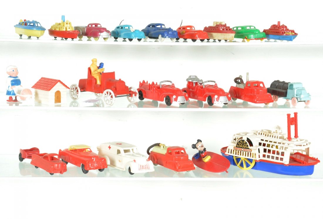Large Selection of 1950s Hard Plastic Vehicles: Largest is the 8" ferry, which includes the stacks & ramp that are frequently missing. Makers include Superior, Renwall, Hubley, Ideal & others. Most appear intact, though the convertible has a broken