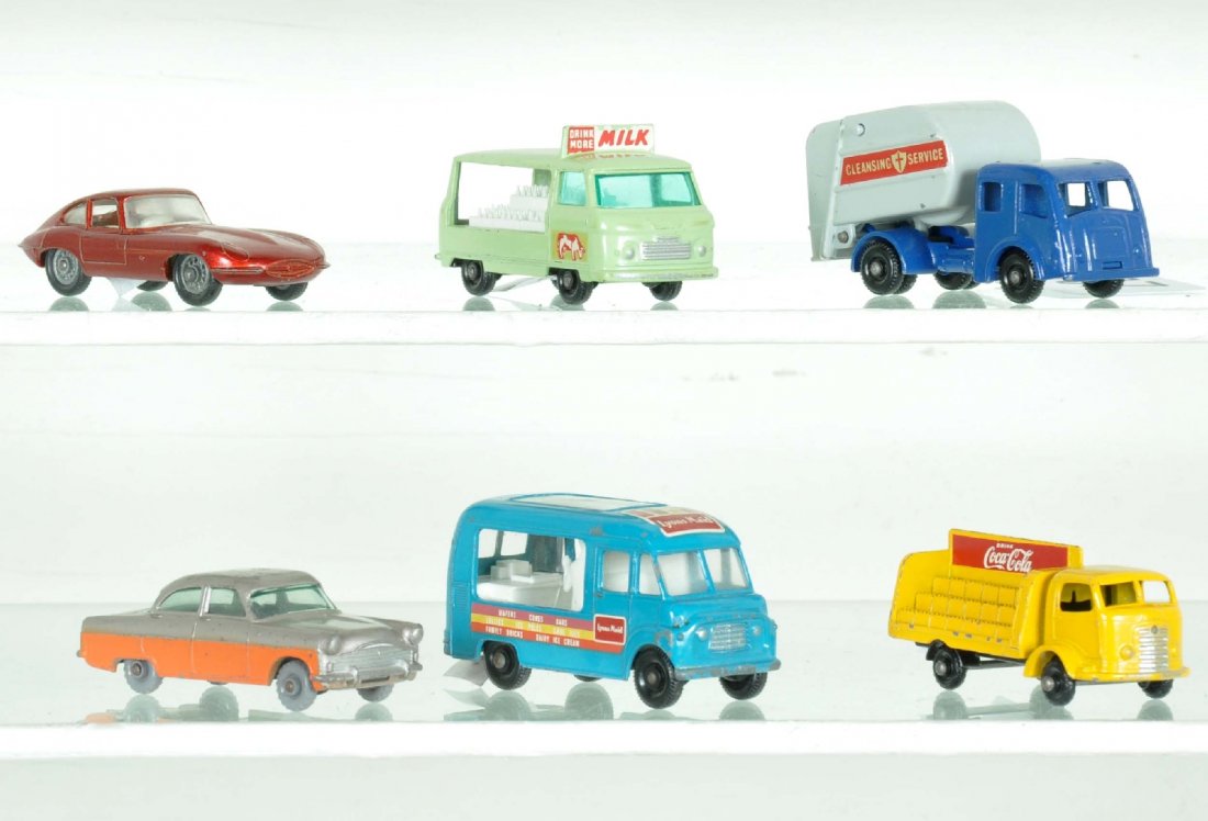 6 Matchbox 1960s Vehicles: Includes scarce 33 Ford Zodiac 2-tone, C6; 47 ice cream truck, C9; 37 Coca-Cola truck, decals 97%, C9; 32 Jaguar, C7+; 21 milk float with cow decals; 15 refuse truck, 1 decal 97%, other 100%, otherwis