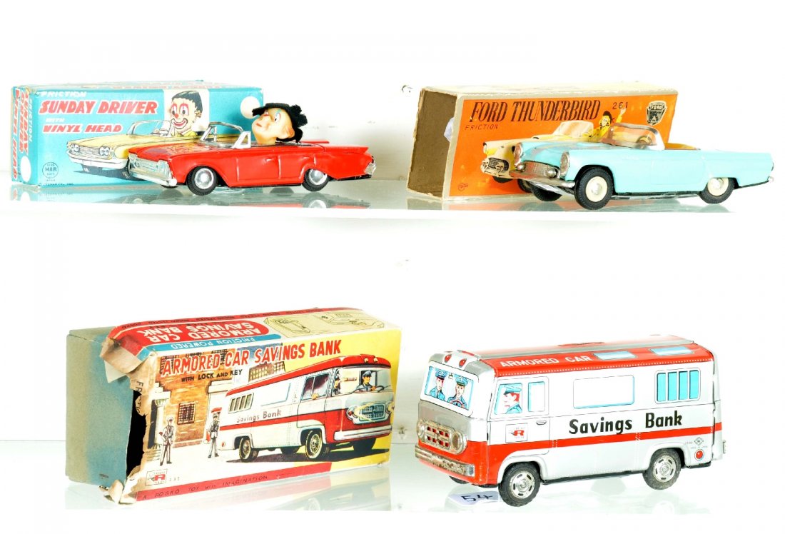 3 Boxed Tin Friction Vehicles: Includes an 8" Haji Japan Armored Car bank, clean & shiny body with some pitting to bumper chrome(C7), no key; Bandai Ford Thunderbird convertible, box missing flaps; Marx Sunday Driver. All have boxe