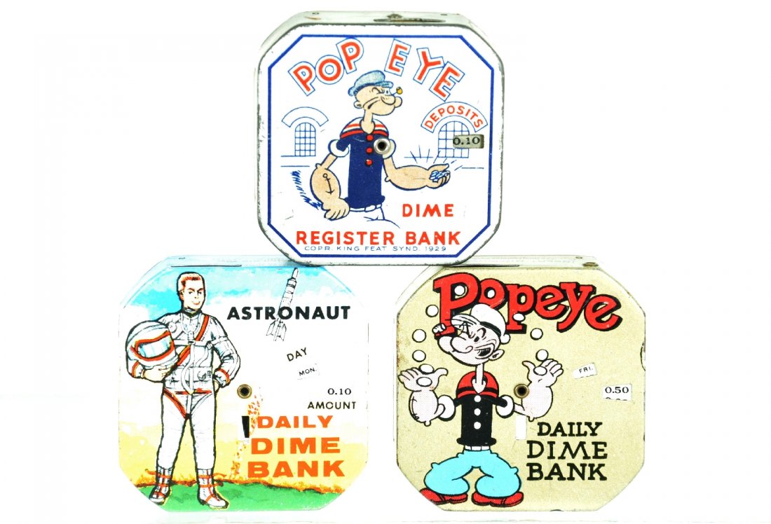 3 Dime Register Banks, Popeye: Each is 2 1/2" square, litho tin with mechanical register feature. Includes 2 different Popeye banks and an Astronaut bank. They have some coins in each, but no keys. They all have their closures and 