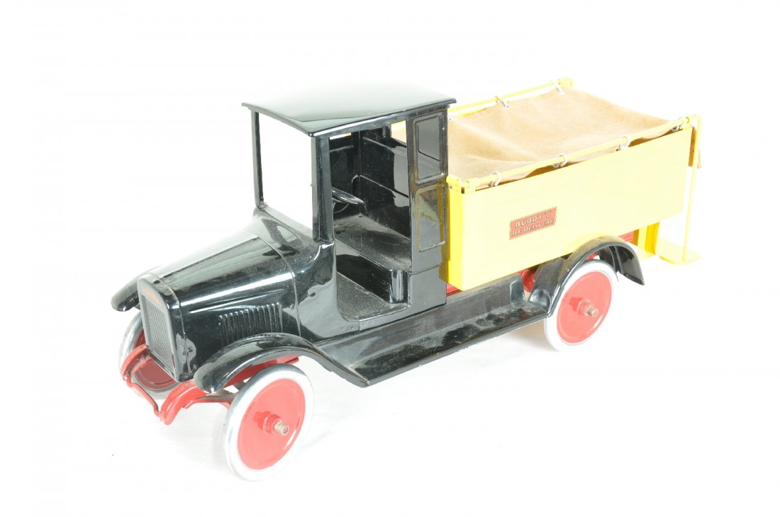 Restored Buddy L Ice Truck: 26" pressed steel with canvas cover. Restored by New Era Toys, circa 1995 as an anniversary issue. It is clean and true to the original, appears C9