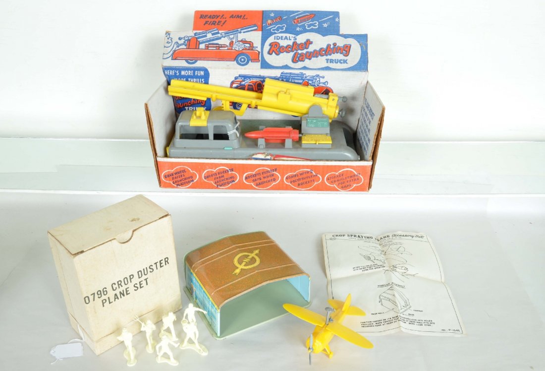 Boxed Marx & Ideal Toys: Ideal 4862 Rocket Launching truck, 12" hard plastic with functional firing mechanism and 1 of two rockets present, ob, C6+; Marx 0796 Crop Dusting Plane Set, complete, as new with instruction, bag & b