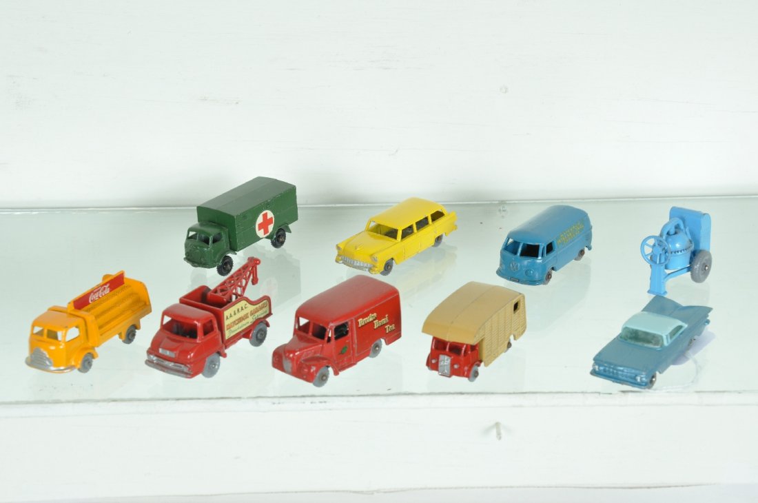 8 Pc Early Matchbox Vehicle Lot: GPWs include- 13 wrecker, missing hook tip, 51 wagon, 3 cement mixer, 33 horse box, 34 VW, & 47 Brooks Tea; 37 Coca-Cola, MW & 63 ambulance, BPW. All are clean and show light to moderate playwear, C7