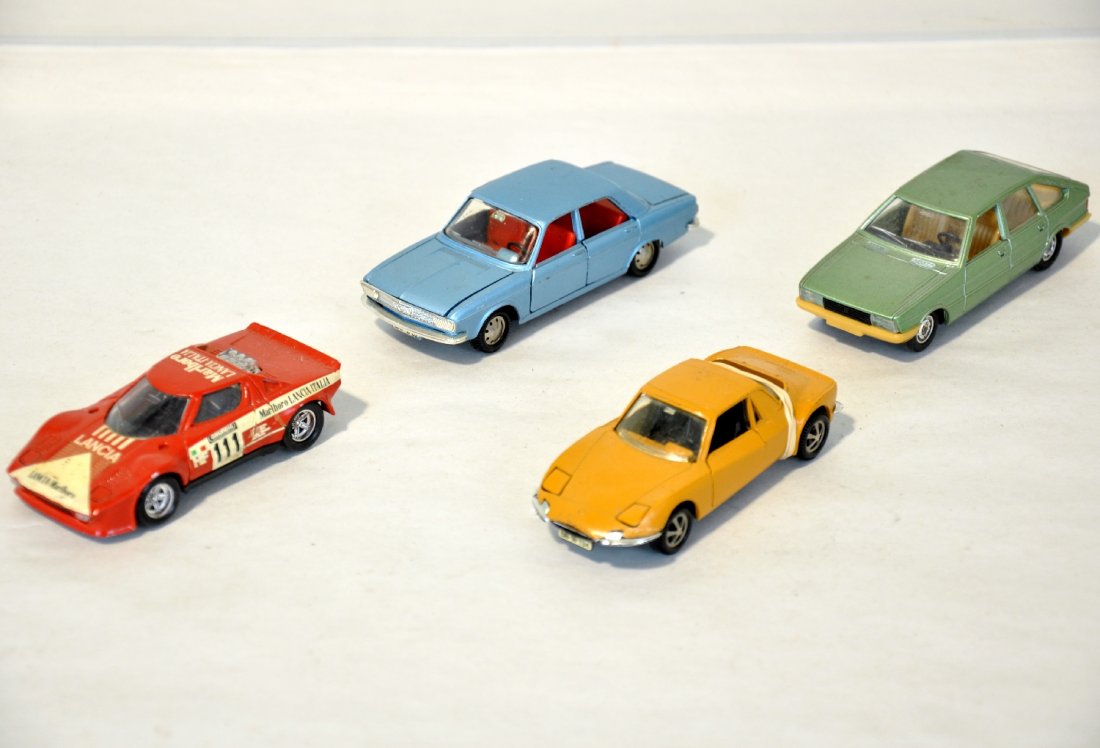 4 Marklin & Solido Vehicles: Includes a Marklin Matra M530; Marklin Audi 100LS Sedan; Solido #47 Lancia Rally car; Solido Simca 1308 GT Sedan. They show light playwear C7+-8