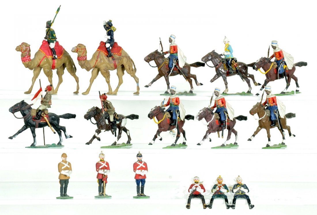 26pc Authenticast Solder Lot: Includes 5 Mounted French Foreign Legion; 2 mounted camels, 1 missing weapon; 2 mounted charging with flags; 6 additional figures. All are well painted and show light playwear with some shelf dust, C7