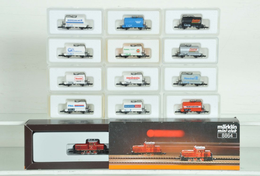 13Pc Marklin Z Gauge Tank Train: Includes 8864 DB Diesel with tank cars- 8612-0, 8611-28, 8612 CIB, 8612 HOE, 8611-04, 8612S CAS, 8612 HER, 8612 DMG, 8611-25, 8612 ORB, 8611-042 & 8612 CAS. All appear like new with boxes, all labels 