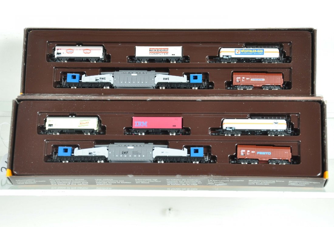 2 Marklin Z Gauge Freight Assortments: Includes 8668 & 8692, each 5-car sets with large transformer car. They appear like new with boxes, C9-10