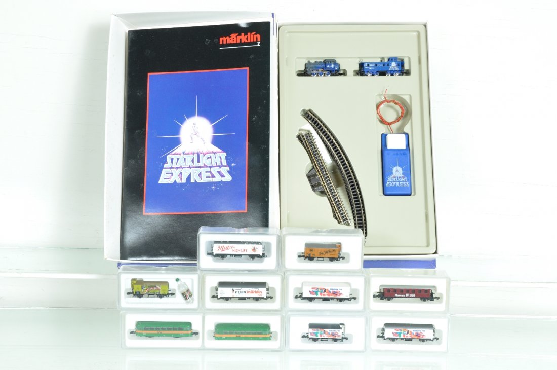 Marklin Z Gauge Special Edition Trains: Includes a Starlight Express loco & caboose set with controller & track; 1988 Museum coach; 88817 Interurban with extra body; 1994 Coppinger liquor; 1990 Museum; 8600A FRE; 8600.1 , .2 &.3 FLAG; 2623