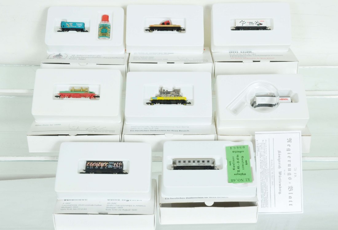 8 Marklin Z Gauge Limited Production Cars: Includes 1992 Koln Messe; 1988 Technik Erfahren; 1993 Athletics; 1990 Nurnberg; 8600 with magnifier; 1995 Nurnberg; 1989 Alpha; 1994 Nurnberg. All are like new with display boxes, C9-10