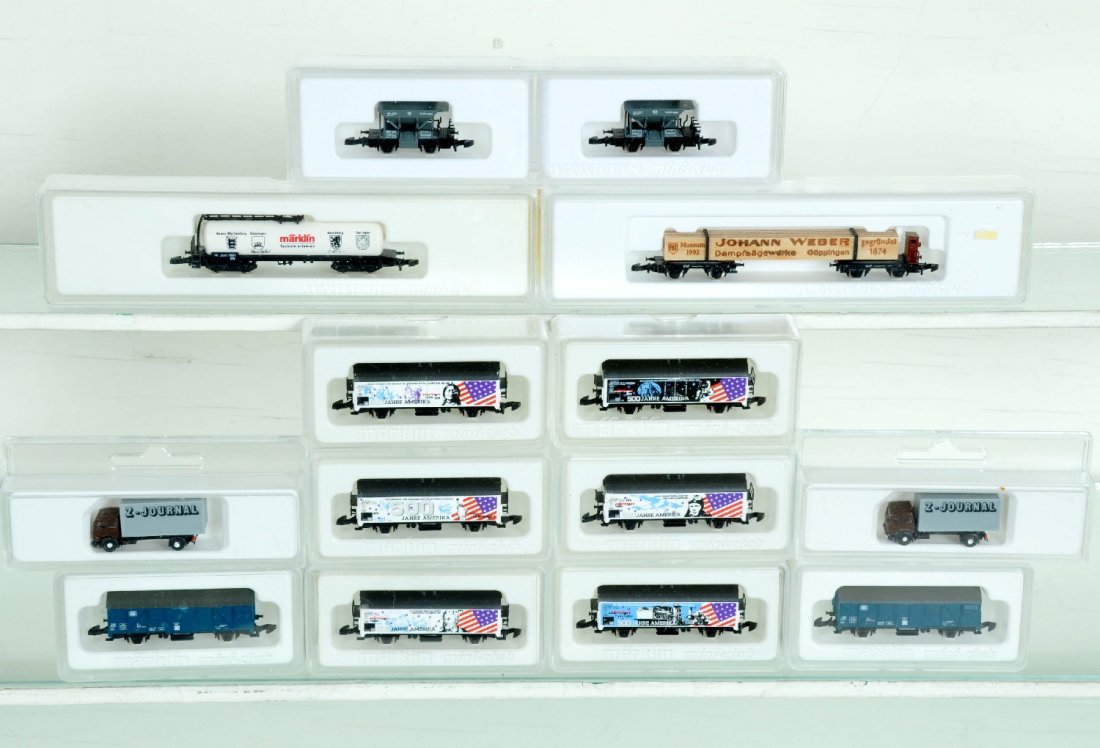 13 Marklin Z Gauge Limited Edition Cars: Includes 1991 tank car; 1992 lumber car; 88624 ballast cars; 2 #88605 truck & goods wagon sets; 6-car America comemerative set, all different. All are new in boxes, C10