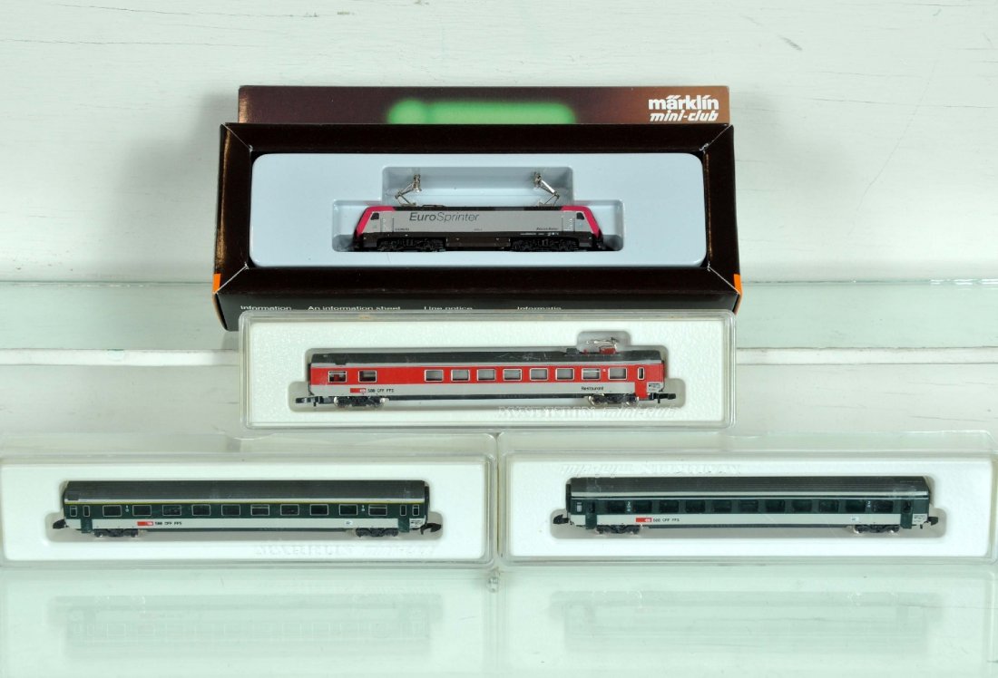4Pc Marklin Z Gauge Swiss Passenger Set: Includes an 8837 EuroSprinte electric; 8745 coach; 8746 coach; 8747 Spieswagon. All appear like new with boxes, C10