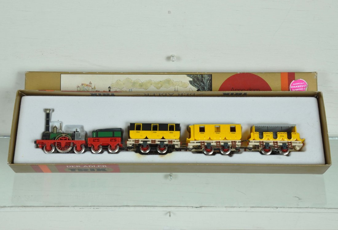 Trix HO Adler Set, Plus: Includes a 1200 5-pc set in display box, lightly run with C9 bodies; Plus 4312 curve track with box and some loose track & a Titan transformer with box