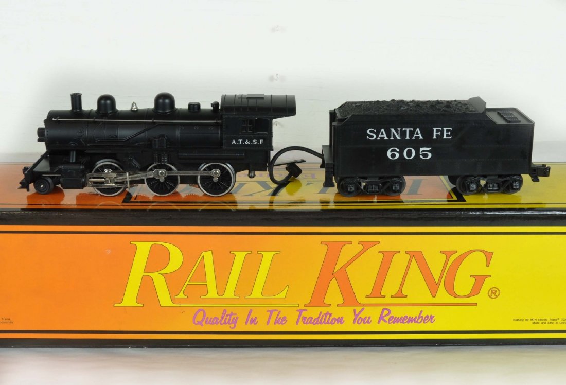 MTH RailKing 30-1136-1 SF Steam Loco: Nice 2-6-0 loco & tender with ProtoSounds with squeaking brakes and freight yard sounds. It shows light run time with a C9 body & box