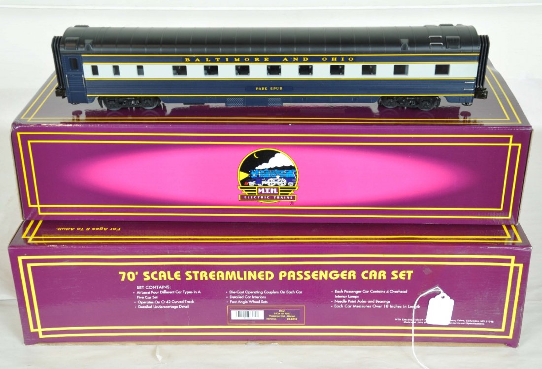 MTH Scale B&O Streamline Passenger Cars: 042. Includes 20-6513 70' 50-car set; plus the 20-6613 sleeper/diner set. They have their set boxes. Perfect paint and trim. Wheels appear test track run. C9