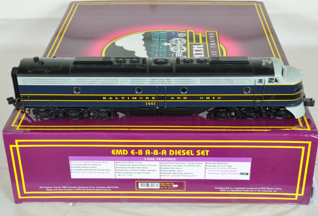 MTH 20-2170-1 B&O E8 ABA Diesels: Nice triple diesel set with ProtoSounds. They have their master box. Perfect paint and trim. Wheels show light to moderate run time. C8