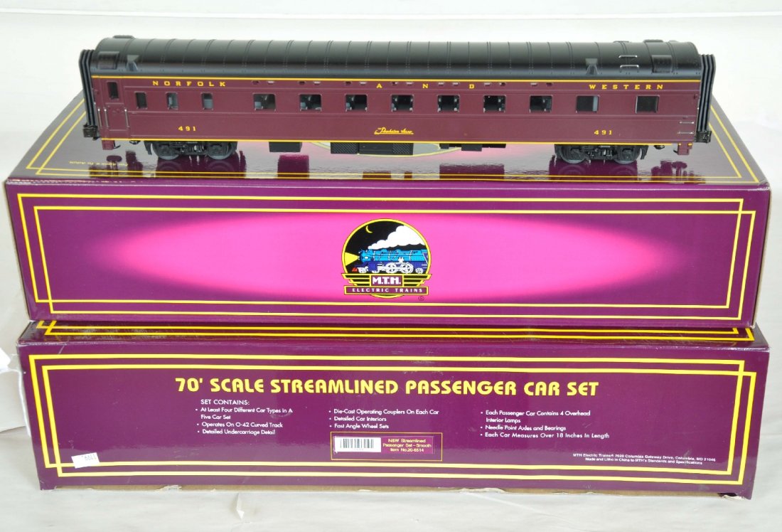 MTH N&W Streamline Passenger Cars: 042. Includes the 20-6514 5-car set; plus the 20-6614 sleeper/diner set. They have their set boxes. Perfect paint and trim. Wheels show light to moderate run time. C8