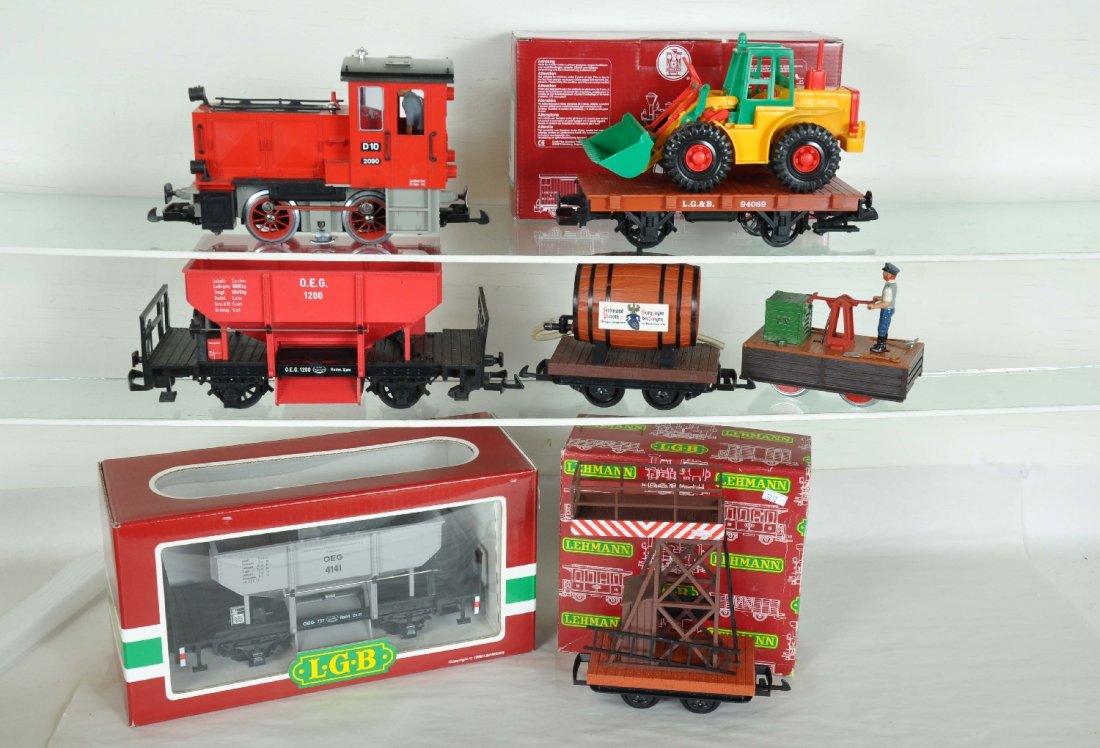 7Pc LGB G Gauge Set, Plus: Includes a 2090 diesel; 1200 ballast, 2 broken steps(parts included), C5; wine car; hand car; boxed 3530 platform maintenance car; boxed 94069 flat with front loader; boxed 4141 ballast. All are clean
